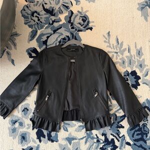 Zara Black Leather Ruffle-Hem Jacket with Zip Pockets